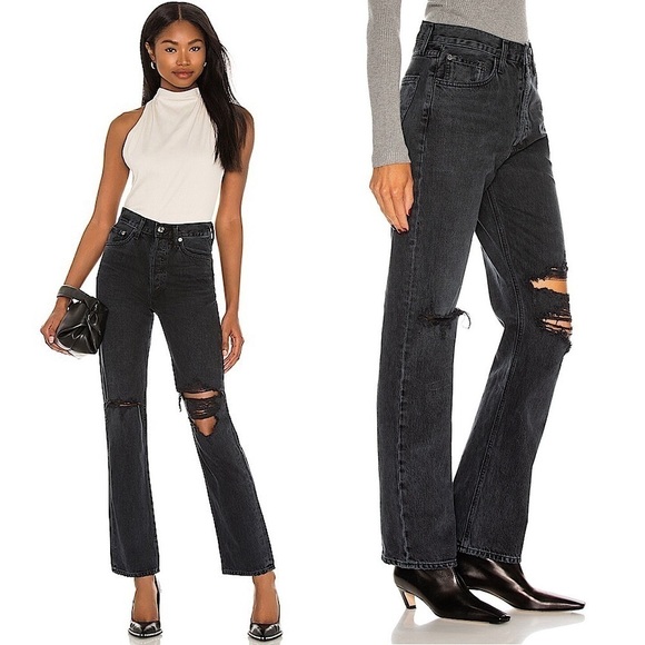 AGOLDE 90s Washed Black Distressed Denim Rip Knee Straight Leg Relaxed Jeans 23 - Picture 1 of 15